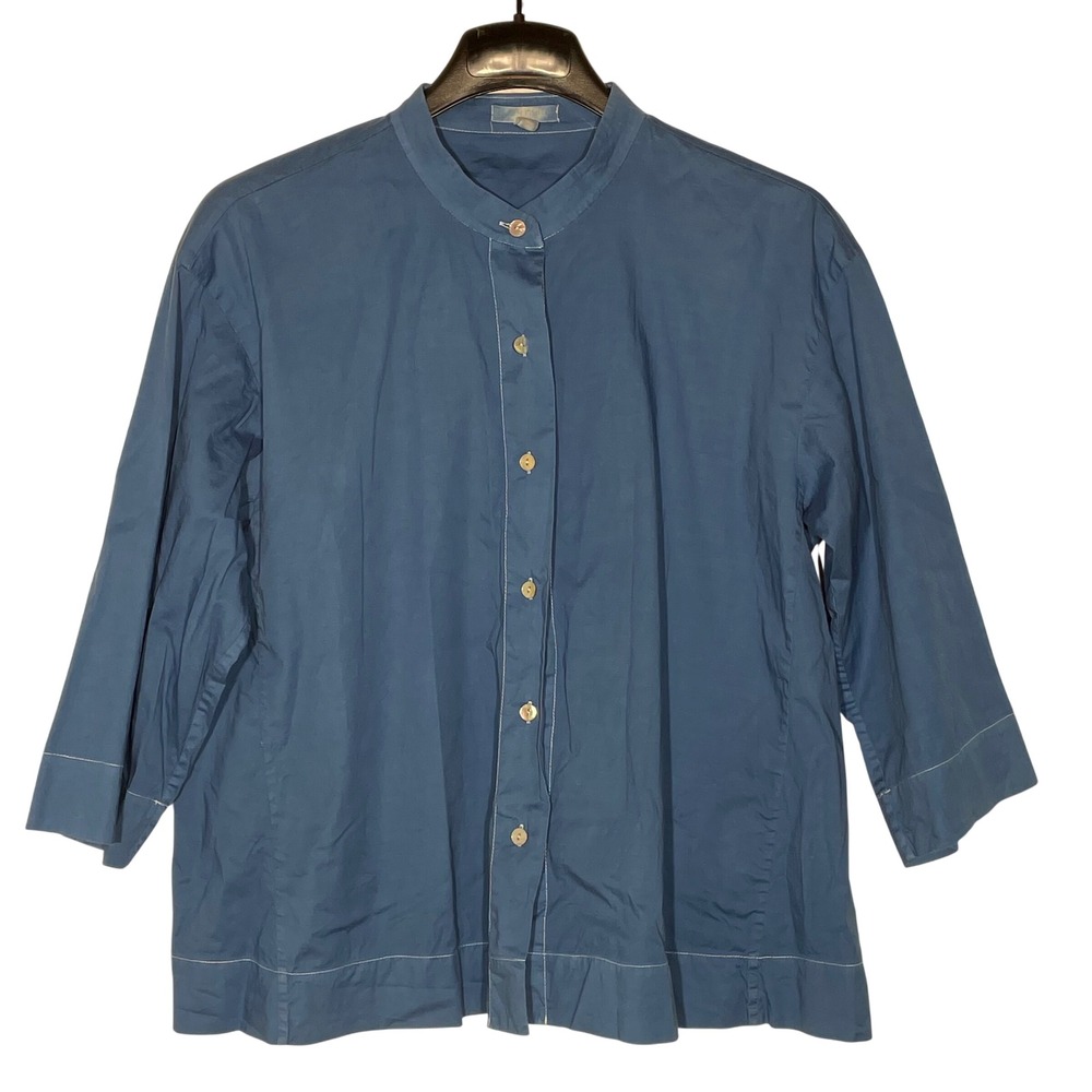 Eileen Fisher Organic Cotton Button Up Mandarin Collar Top Sz MED PET Minimalist